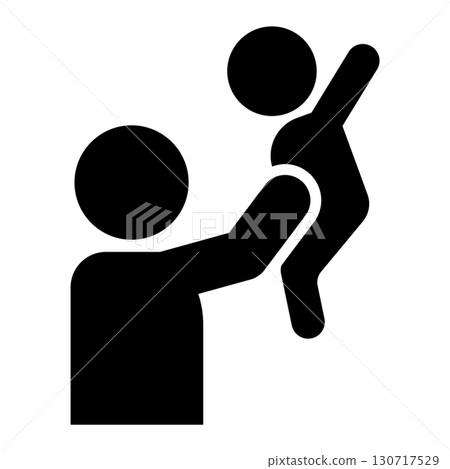 Silhouette illustration of a parent lifting their child high and playing | Flat icon material representing childcare, parent-child bond, and support 130717529