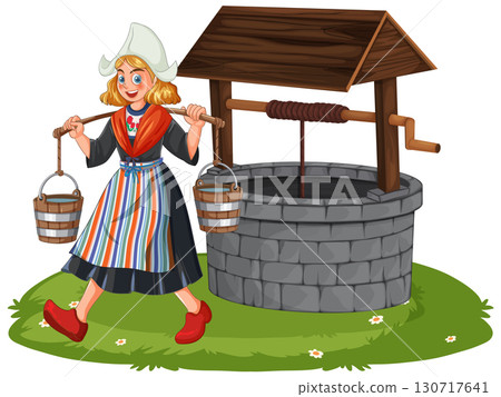 Dutch Girl Carrying Water Buckets by Stone Well Dutch Girl Carrying Water Buckets by Stone Well 130717641