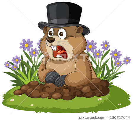 Surprised Groundhog in Top Hat Emerging from Burrow Surprised Groundhog in Top Hat Emerging from Burrow 130717644