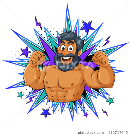 Cartoon Muscular Man Flexing with Comic Burst Background 130717645