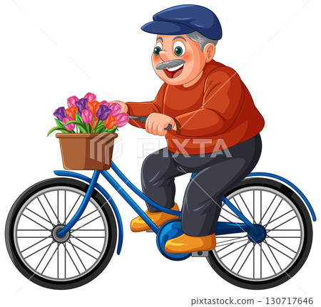 Elderly Man Riding Bicycle With Tulip Basket 130717646