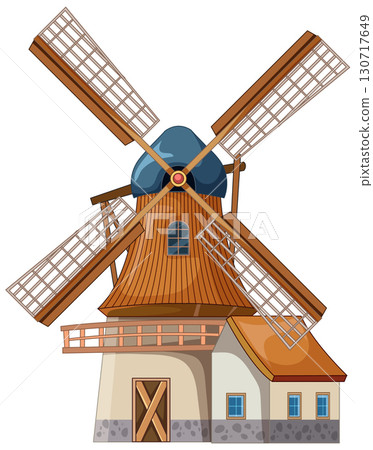 Traditional Dutch Windmill with Wooden Blades and Stone Base 130717649