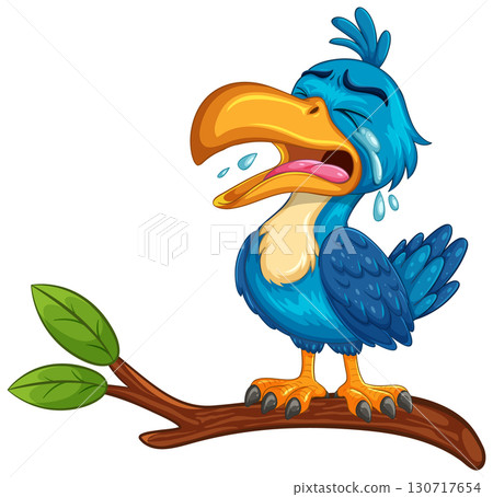 Crying Blue Cartoon Bird on Tree Branch Crying Blue Cartoon Bird on Tree Branch 130717654
