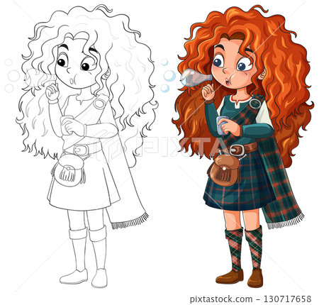 Curly-Haired Girl Blowing Bubbles in Tartan Dress 130717658