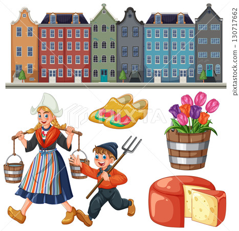 Dutch Children in Traditional Dress with Cheese and Tulips 130717662