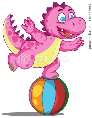 Cartoon Pink Dinosaur Balancing on Colorful Beach Ball Cartoon Pink Dinosaur Balancing on Colorful Beach Ball 130717663