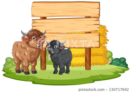 Two Cartoon Calves Standing by Wooden Farm Sign 130717692