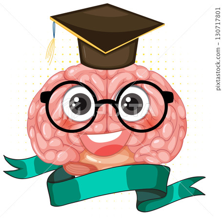Smiling Cartoon Brain Wearing Graduation Cap and Glasses Smiling Cartoon Brain Wearing Graduation Cap and Glasses 130717801