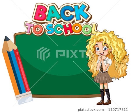 Smiling Schoolgirl with Chalkboard and Back to School Sign 130717811