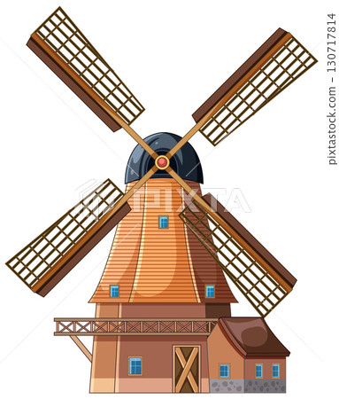Traditional Dutch Windmill with Wooden Blades and Brick Base Traditional Dutch Windmill with Wooden Blades and Brick Base 130717814