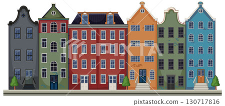Colorful Dutch Canal Houses in Flat Vector Illustration 130717816