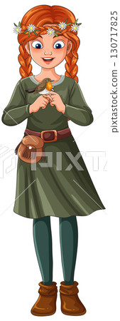 Red-Haired Girl in Green Dress Holding Robin Bird 130717825
