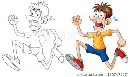 Cartoon Character Running in Color and Outline 130717827