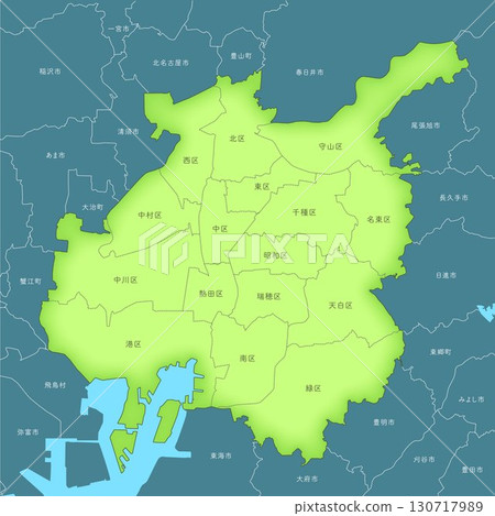 Map of Nagoya City in Aichi Prefecture, Japan. Introduction to the wards within Nagoya City. Includes a map of the surrounding area. Map of Nagoya City in Aichi Prefecture, Japan. Introduction to the wards within Nagoya City. Includes a map of the surrounding area. 130717989