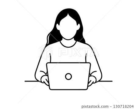 一位女士在筆記型電腦上工作的線條插圖 130718204