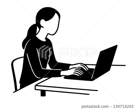 一位女士在筆記型電腦上工作的線條插圖 130718205