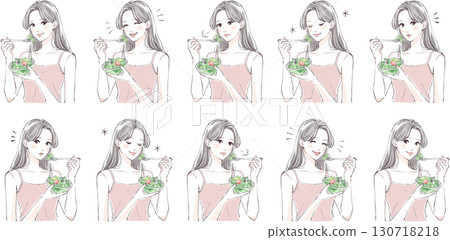 Illustration set of a woman eating salad | Health, beauty, lifestyle Illustration set of a woman eating salad | Health, beauty, lifestyle 130718218