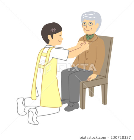 A caregiver assisting an elderly person with changing clothes A caregiver assisting an elderly person with changing clothes 130718327