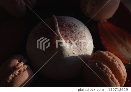 Artisan Macaron and Meringue in Moody Light with Fresh Strawberries Artisan Macaron and Meringue in Moody Light with Fresh Strawberries 130718629