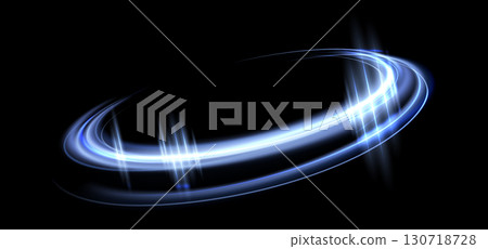 Blue glowing magic ring. Neon realistic energy flare halo ring. Abstract light effect on a black background. Vector illustration. 130718728