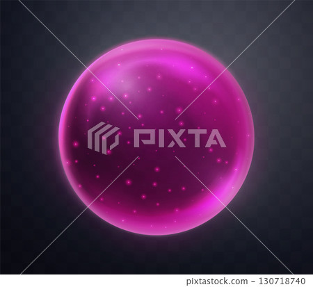 Pink magic fantasy sphere. Crystal ball with glowing sparkles and particles. Energy orb with glow flare light effect. Isolated on transparent background. Vector illustration. 130718740