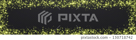 Lime green frame from glittering dots, particles, stars magic sparks. Glow flare light effect. Yellow luminous points. Vector particles on black background. 130718742