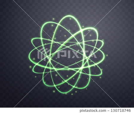 Atom particle, light effect glowing green magic rings. Neon realistic energy swirl. Abstract light effect on a dark transparent background. Vector illustration. Atom particle, light effect glowing green magic rings. Neon realistic energy swirl. Abstract light effect on a dark transparent background. Vector illustration. 130718746