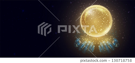 Gold magic fantasy sphere in hands. Crystal ball with glowing sparkles and particles. Energy orb with glow flare light effect. Isolated on transparent background. Vector illustration. 130718758