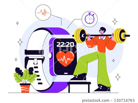 Smart Wearable Gadgets Vector Illustration Featuring Technology Devices with Comprehensive Health Tracking Applications, Music, and Communication Apps 130718763