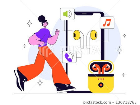 Smart Wearable Gadgets Vector Illustration Featuring Technology Devices with Comprehensive Health Tracking Applications, Music, and Communication Apps 130718765