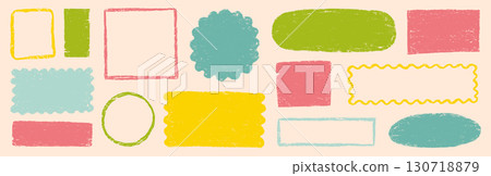 Crayon color pastel shape set. Hand drawn kid color frame, round banner, square stamp with chalk pencil texture decoration. Cute childish paint circler, square crayon shapes. Vector Crayon color pastel shape set. Hand drawn kid color frame, round banner, square stamp with chalk pencil texture decoration. Cute childish paint circler, square crayon shapes. Vector 130718879