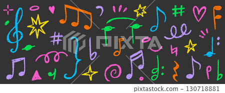 Music note crayon doodle vector set. Hand drawn chalk pastel music note, melody symbol shape, kid sticker sketch style. Cute retro crayon pencil colorful sound decoration element. Vector Music note crayon doodle vector set. Hand drawn chalk pastel music note, melody symbol shape, kid sticker sketch style. Cute retro crayon pencil colorful sound decoration element. Vector 130718881