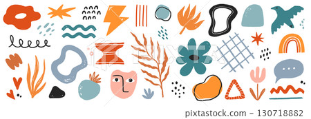 Abstract shape vector graphic set. Abstract graphic design flower, face, blob shape for modern poster, summer sticker icon element pack. Crayon texture scribble modern background. Vector 130718882