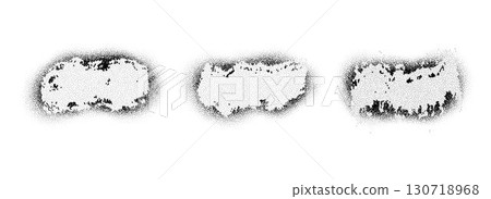 Black stippled paint brush shape set. Dotted aerosol particles and grainy banner collection. Rough noise stencil stains and spots bundle. Grunge dusty sand texture frame or border pack. Vector Black stippled paint brush shape set. Dotted aerosol particles and grainy banner collection. Rough noise stencil stains and spots bundle. Grunge dusty sand texture frame or border pack. Vector 130718968