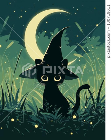 Halloween and a black cat wearing a witch hat 130719011