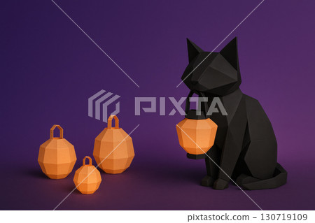 Origami black cat holding orange paper lantern with three additional lanterns on purple background, creating calm and creative atmosphere 130719109