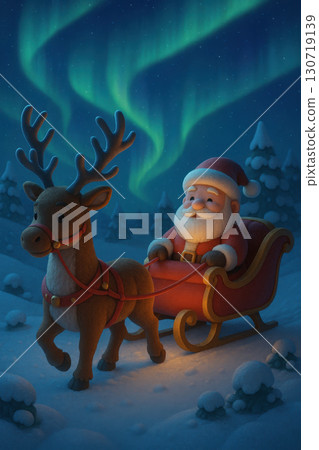 Santa Claus riding sleigh pulled by reindeer under northern lights in snowy forest at night, magical winter scene with glowing sky and festive atmosphere Santa Claus riding sleigh pulled by reindeer under northern lights in snowy forest at night, magical winter scene with glowing sky and festive atmosphere 130719139