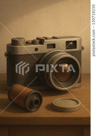 Vintage film camera with lens cap and film roll on wooden surface, nostalgic still life with warm lighting and textured background evoking classic photography memories 130719150