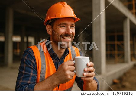 Smiling construction worker in orange safety vest and helmet holding steaming cup of coffee enjoying cheerful break time at building site with relaxed and happy expression 130719216