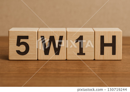5W1H concept on wooden blocks with brown background, symbolizing problem solving and project management, close up view of business strategy and analysis tools 130719244
