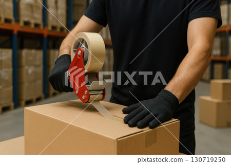 Worker in black gloves sealing cardboard box with tape in warehouse environment, surrounded by stacked boxes, showing logistics and packaging process 130719250