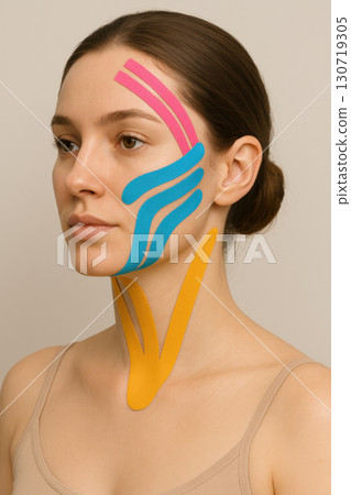 Facial kinesiology tape application with colorful strips on young woman face and neck for muscle support and lifting, medical aesthetic concept showing skin care and therapy 130719305