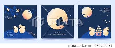 Set of Mid-Autumn Festival card full moon, rabbits 130720434