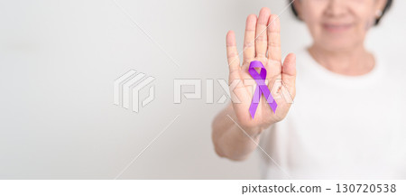 Elderly with Purple Ribbon for Violence, Pancreatic, Esophageal, Testicular cancer, Alzheimer, Epilepsy, Lupus, Crohn, Thyroid, Sarcoidosis and Fibromyalgia. Awareness month and World cancer day Elderly with Purple Ribbon for Violence, Pancreatic, Esophageal, Testicular cancer, Alzheimer, Epilepsy, Lupus, Crohn, Thyroid, Sarcoidosis and Fibromyalgia. Awareness month and World cancer day 130720538