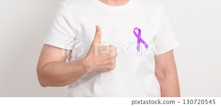 Elderly with Purple Ribbon for Violence, Pancreatic, Esophageal, Testicular cancer, Alzheimer, Epilepsy, Lupus, Crohn, Thyroid, Sarcoidosis and Fibromyalgia. Awareness month and World cancer day Elderly with Purple Ribbon for Violence, Pancreatic, Esophageal, Testicular cancer, Alzheimer, Epilepsy, Lupus, Crohn, Thyroid, Sarcoidosis and Fibromyalgia. Awareness month and World cancer day 130720545