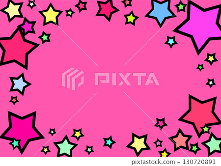 一個流行且引人注目的粉紅色背景插圖框架，上面彈出五顏六色的星星。水平 130720891