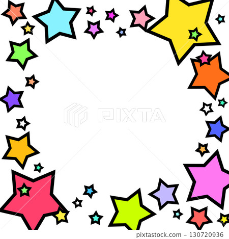 醒目的插畫相框，白色背景點綴著五彩繽紛的星星。正方形。 130720936