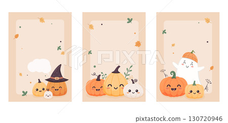 Cute Halloween template designs with pumpkins, ghost, leaves on beige background. Autumn season Cute Halloween template designs with pumpkins, ghost, leaves on beige background. Autumn season 130720946