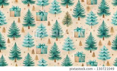 Seamless vintage Christmas pattern hand-drawn pencil style fir trees and wrapped gift boxes with ribbons 130721049