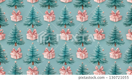 Seamless vintage Christmas pattern hand-drawn pencil style fir trees and wrapped gift boxes with ribbons Seamless vintage Christmas pattern hand-drawn pencil style fir trees and wrapped gift boxes with ribbons 130721055